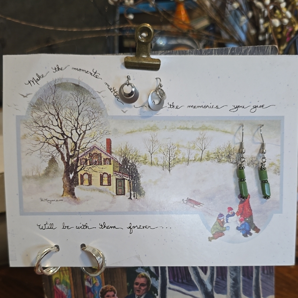 Winter Scene Art Print with Silver and Green Accents 3 Pairs Earrings